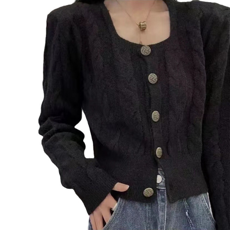 Korejski stil twist kardigan s kvadratnim ovratnikom, vuneno-nylon smjesa, uobičajena debljina, dugi rukavi