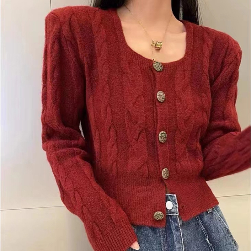 Korejski stil twist kardigan s kvadratnim ovratnikom, vuneno-nylon smjesa, uobičajena debljina, dugi rukavi