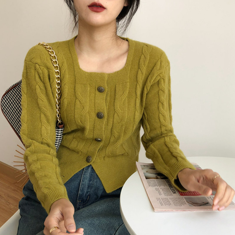Korejski stil twist kardigan s kvadratnim ovratnikom, vuneno-nylon smjesa, uobičajena debljina, dugi rukavi