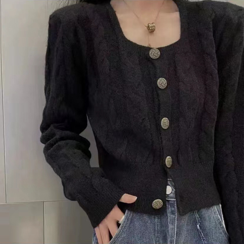 Korejski stil twist kardigan s kvadratnim ovratnikom, vuneno-nylon smjesa, uobičajena debljina, dugi rukavi