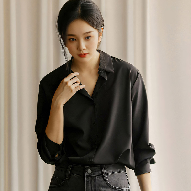 Sieviešu polo krekls ar brīvu piegriezumu, garas piedurknes, poliestera elastāna audums, ikdienas pilsētas stils