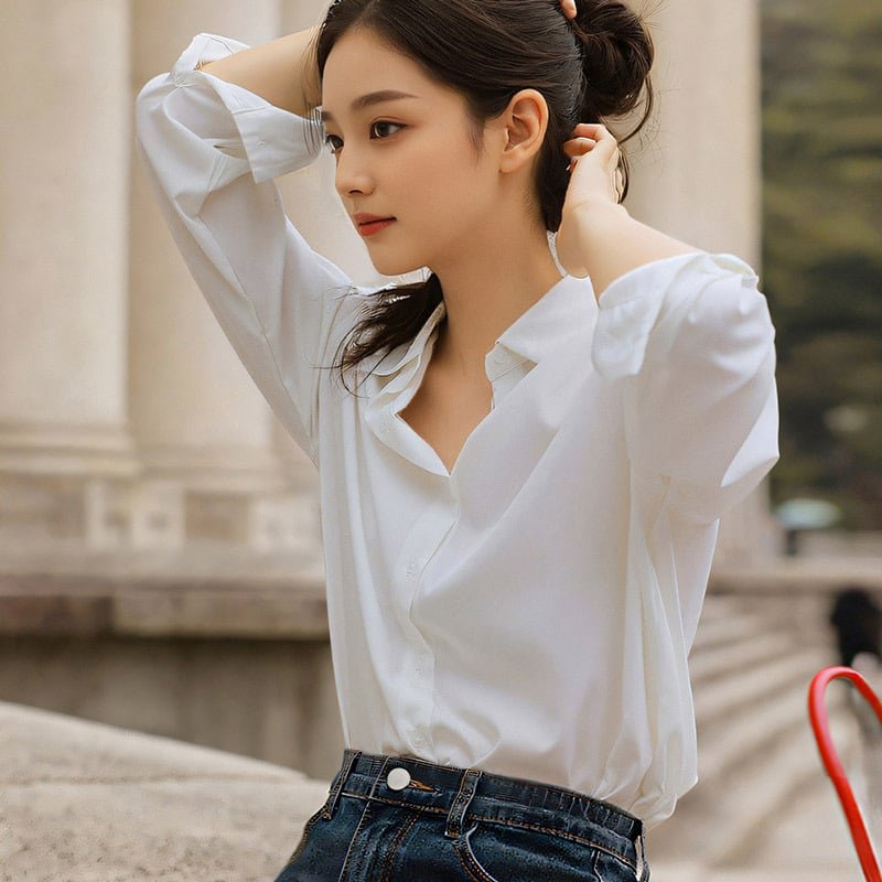 Sieviešu polo krekls ar brīvu piegriezumu, garas piedurknes, poliestera elastāna audums, ikdienas pilsētas stils