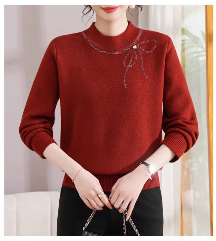 Vilnas maisījuma adīts džemperis ar kristāliem, apaļa kakla, bow-tie raksts, poliester 30–50%