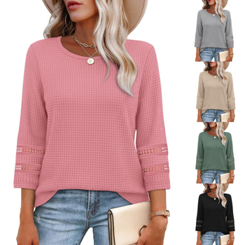 Ženski pleteni pulover s prorezanom čipkom, rukavi ¾, okrugli izrez, uzorak waffles, jednobojna boja, srednje duljine, elegantan gradski stil