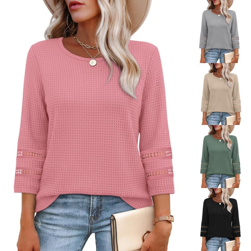 Ženski pleteni pulover s prorezanom čipkom, rukavi ¾, okrugli izrez, uzorak waffles, jednobojna boja, srednje duljine, elegantan gradski stil