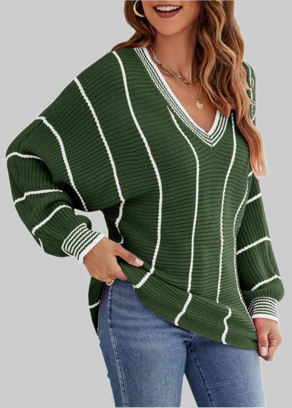 Opuštenog kroja pleteni pulover s V-izrezom, prugasti uzorak, rukavi lampastog kroja, kašmir-vuna mješavina, jesen 2025