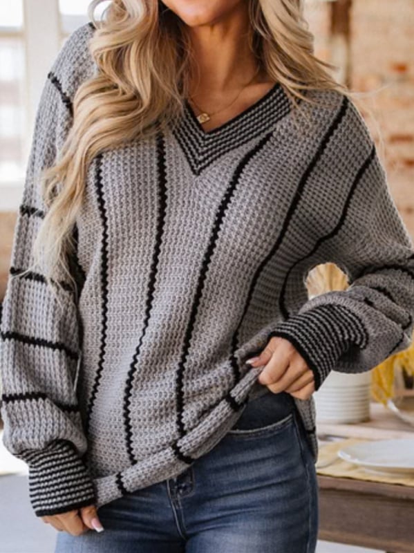 Opuštenog kroja pleteni pulover s V-izrezom, prugasti uzorak, rukavi lampastog kroja, kašmir-vuna mješavina, jesen 2025