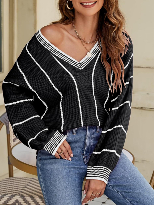 Opuštenog kroja pleteni pulover s V-izrezom, prugasti uzorak, rukavi lampastog kroja, kašmir-vuna mješavina, jesen 2025