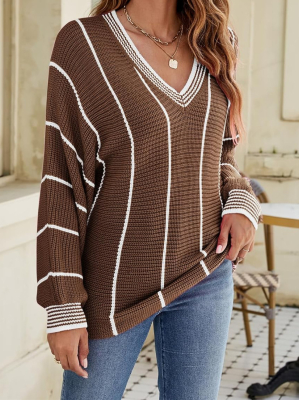 Opuštenog kroja pleteni pulover s V-izrezom, prugasti uzorak, rukavi lampastog kroja, kašmir-vuna mješavina, jesen 2025