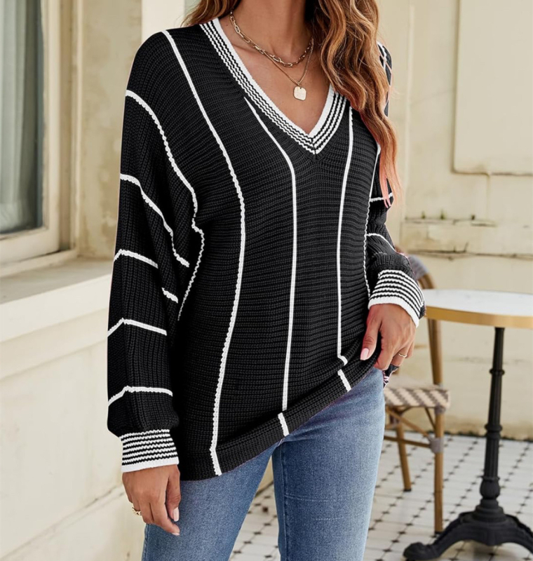 Opuštenog kroja pleteni pulover s V-izrezom, prugasti uzorak, rukavi lampastog kroja, kašmir-vuna mješavina, jesen 2025