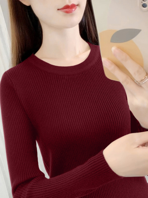Tamno smeđi ženski pleteni pulover s dugim rukavima i okruglim izrezom, slim fit, za jesen-zimu 2025