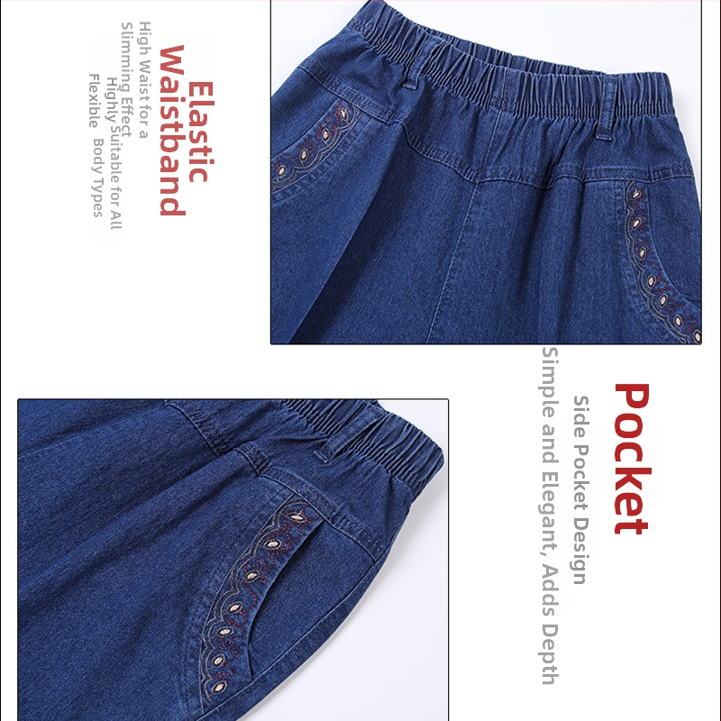 Capri džínsy pre ženy stredného veku, elastický vysoký pás, voľný rovný strih, bavlna nad 95%, mikroelastické