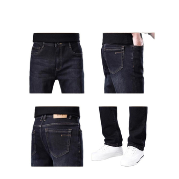 Muške crne traperice, opuštenog ravnog kroja, rastezljiv denim, proljeće–jesen 2025