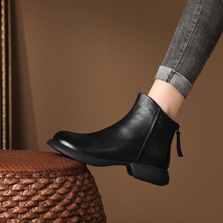 Γυναικείες μπότες Μάρτιν με PU επάνω, πίσω φερμουάρ, μεσαίο ύψος γάμπας, αντιολισθητική καουτσούκ σόλα, επένδυση με φλίς