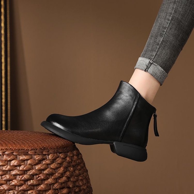 Γυναικείες μπότες Μάρτιν με PU επάνω, πίσω φερμουάρ, μεσαίο ύψος γάμπας, αντιολισθητική καουτσούκ σόλα, επένδυση με φλίς