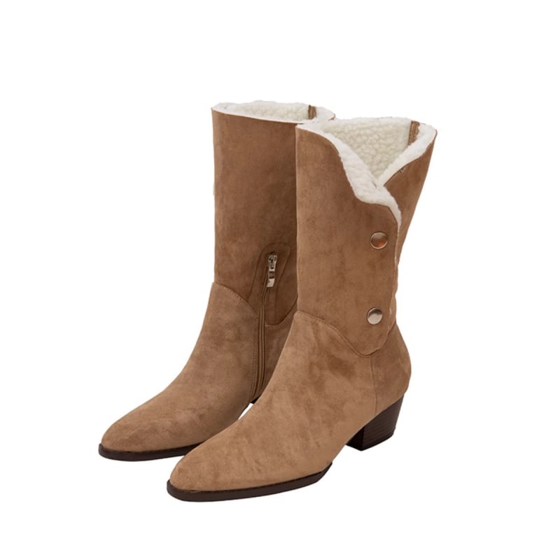 Γυναικείες σουέντ μπότες μέχρι το γόνατο, μυτερό άκρο, παχύς τακούνι 3–5 cm, φερμουάρ στο πλάι