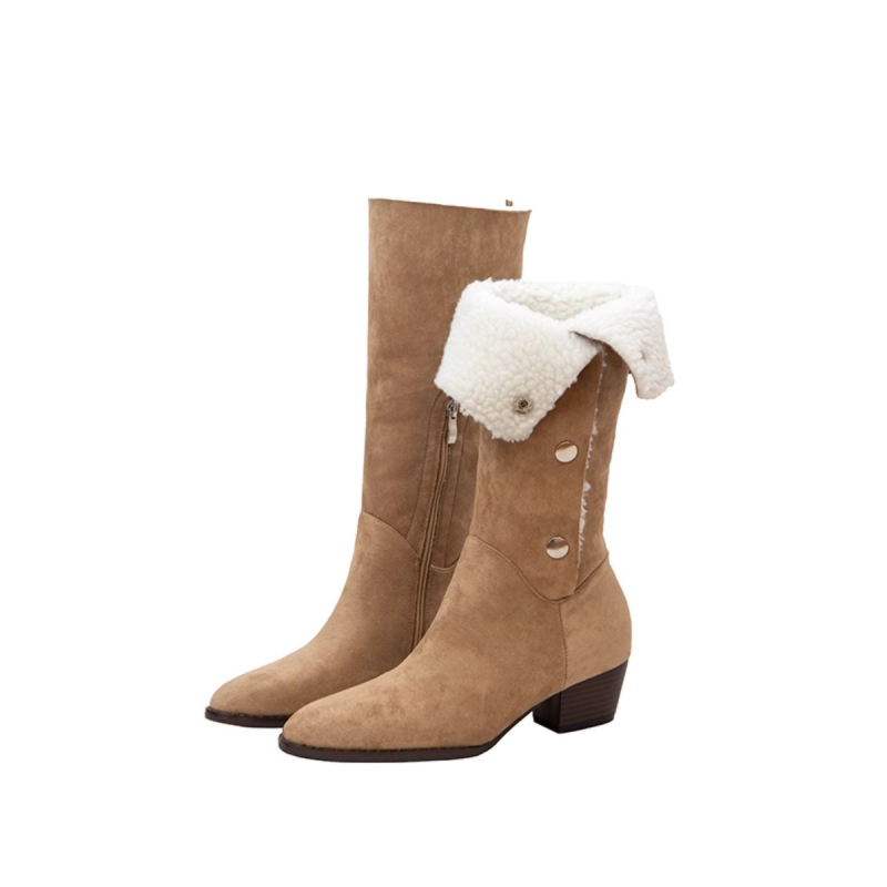 Γυναικείες σουέντ μπότες μέχρι το γόνατο, μυτερό άκρο, παχύς τακούνι 3–5 cm, φερμουάρ στο πλάι