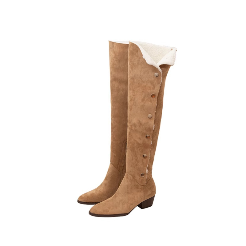 Γυναικείες σουέντ μπότες μέχρι το γόνατο, μυτερό άκρο, παχύς τακούνι 3–5 cm, φερμουάρ στο πλάι