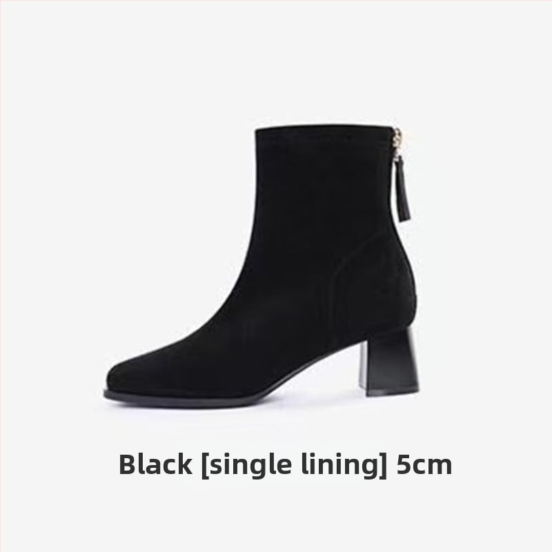 Γυναικείες μπότες skinny με τετράγωνη μύτη και παχύ τακούνι 6–8 εκ, σουέντ επάνω, φερμουάρ, καουτσούκ σόλα