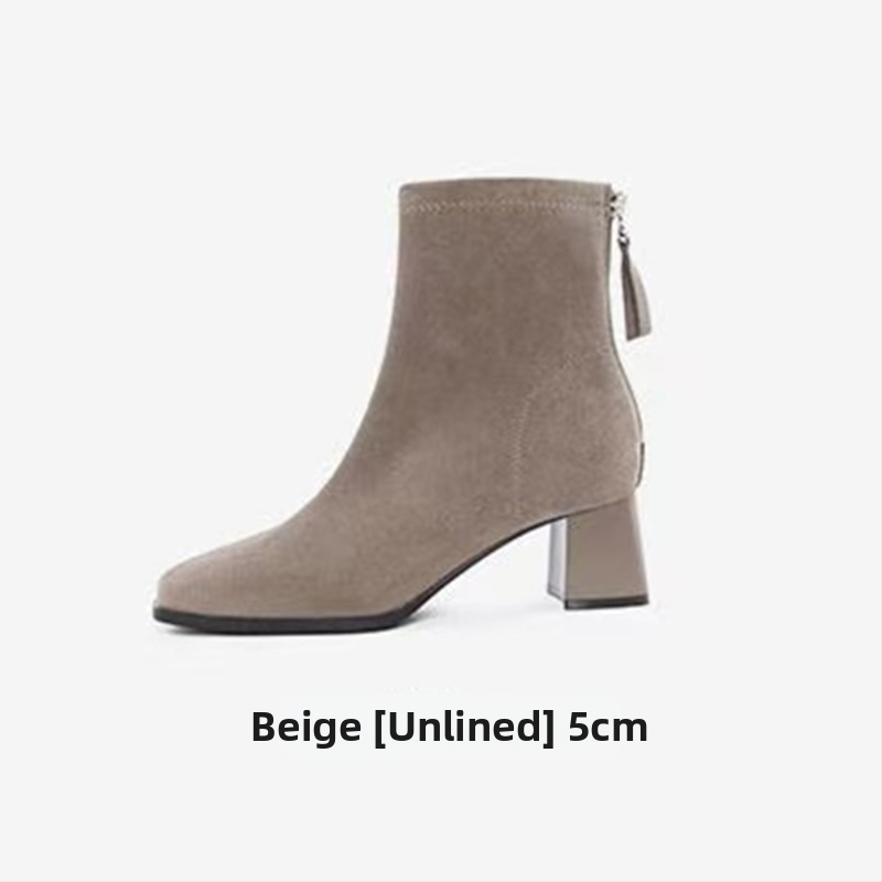 Γυναικείες μπότες skinny με τετράγωνη μύτη και παχύ τακούνι 6–8 εκ, σουέντ επάνω, φερμουάρ, καουτσούκ σόλα