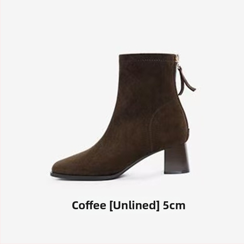 Γυναικείες μπότες skinny με τετράγωνη μύτη και παχύ τακούνι 6–8 εκ, σουέντ επάνω, φερμουάρ, καουτσούκ σόλα