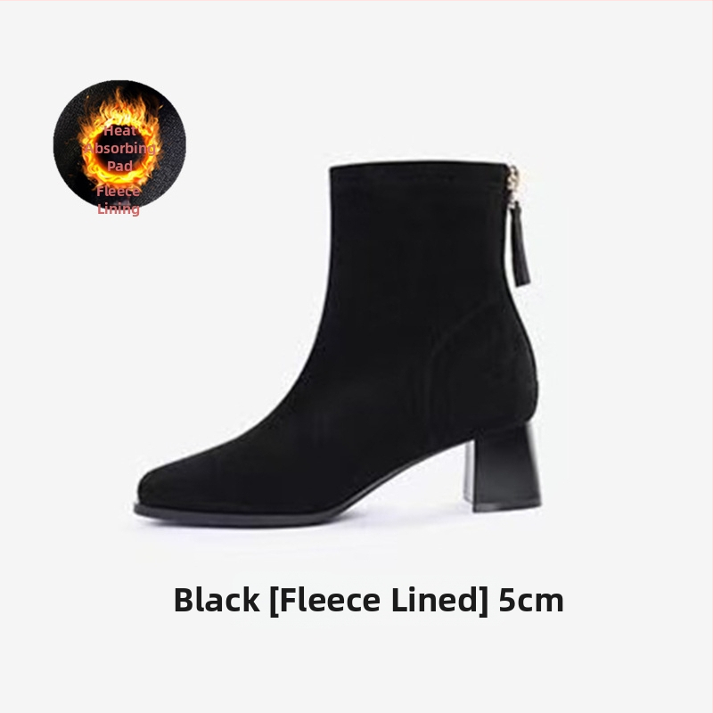 Γυναικείες μπότες skinny με τετράγωνη μύτη και παχύ τακούνι 6–8 εκ, σουέντ επάνω, φερμουάρ, καουτσούκ σόλα