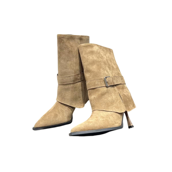 Γυναικείες μπότες από σουέντ μέχρι τη μέση της γάμπας, μυτερή μύτη, λεπτό υψηλό τακούνι 6–8 εκ, στυλ παντελονιών