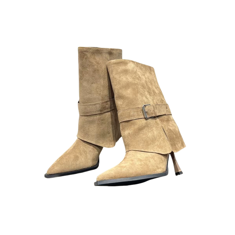 Γυναικείες μπότες από σουέντ μέχρι τη μέση της γάμπας, μυτερή μύτη, λεπτό υψηλό τακούνι 6–8 εκ, στυλ παντελονιών