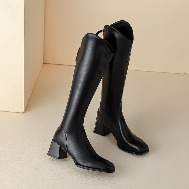 Γυναικείες μπότες μέχρι το γόνατο με τετράγωνη μύτη, φαρδύ τακούνι 3–5 εκ., φερμουάρ πίσω, επάνω μέρος από microfiber, ψηλός σωλήνας