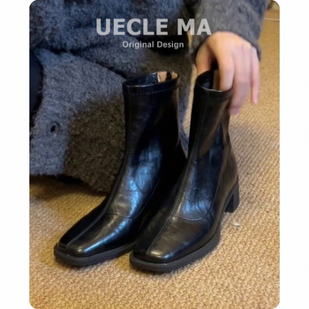 Μποτίνια Μαρτίν για γυναίκες, τετράγωνη μύτη, χοντρό τακούνι 3–5 εκ, επάνω από γνήσιο δέρμα βοείου, σόλα καουτσούκ