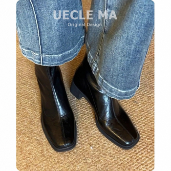 Μποτίνια Μαρτίν για γυναίκες, τετράγωνη μύτη, χοντρό τακούνι 3–5 εκ, επάνω από γνήσιο δέρμα βοείου, σόλα καουτσούκ