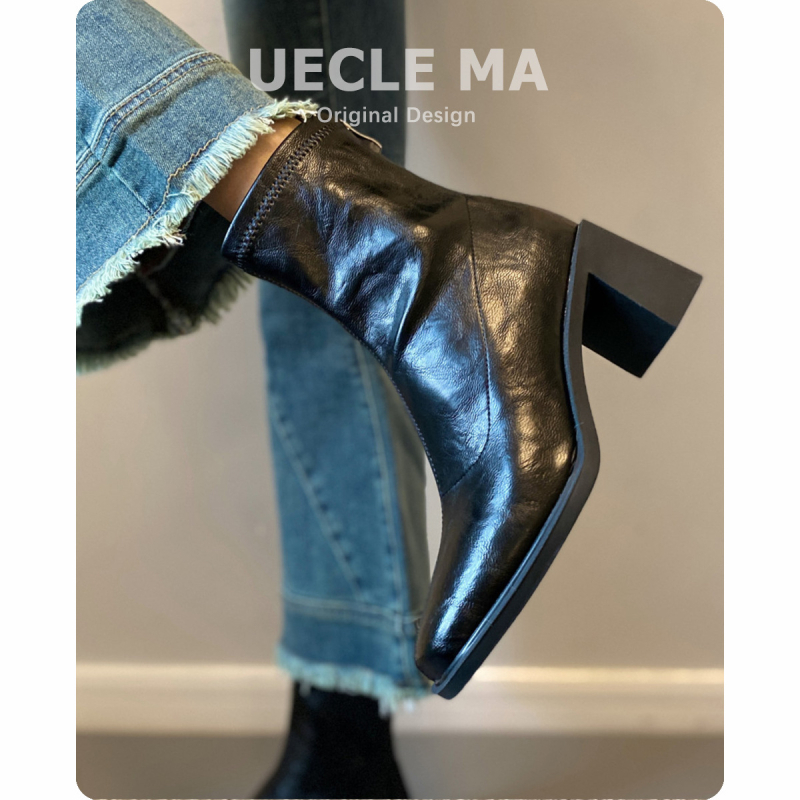 Μποτίνια Μαρτίν για γυναίκες, τετράγωνη μύτη, χοντρό τακούνι 3–5 εκ, επάνω από γνήσιο δέρμα βοείου, σόλα καουτσούκ