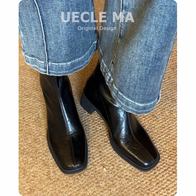 Μποτίνια Μαρτίν για γυναίκες, τετράγωνη μύτη, χοντρό τακούνι 3–5 εκ, επάνω από γνήσιο δέρμα βοείου, σόλα καουτσούκ