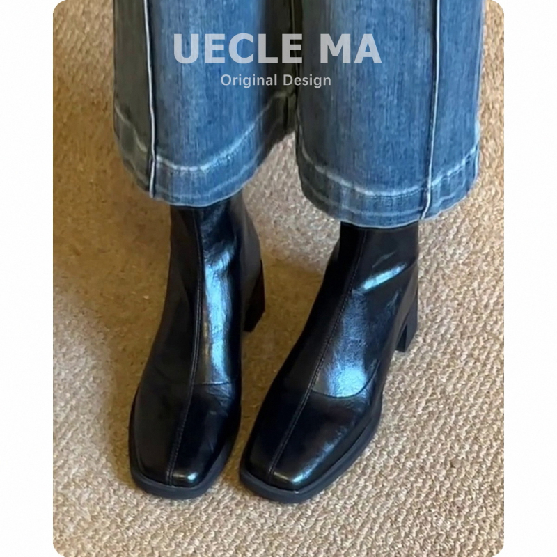 Μποτίνια Μαρτίν για γυναίκες, τετράγωνη μύτη, χοντρό τακούνι 3–5 εκ, επάνω από γνήσιο δέρμα βοείου, σόλα καουτσούκ