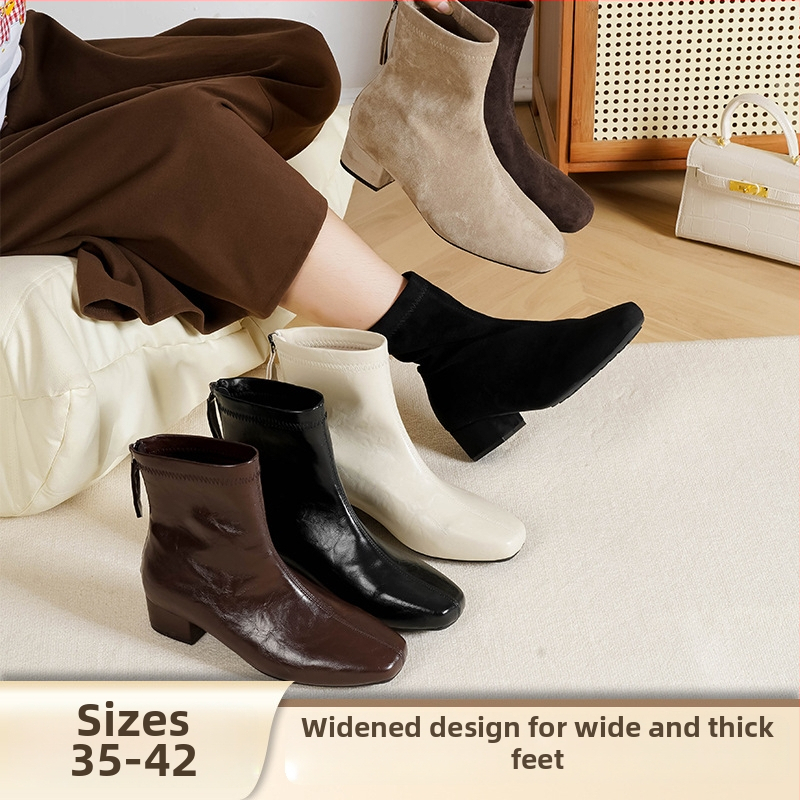 Love Milan Γυναικείες Μπότες σε Κορεατικό Στυλ με Παχύ Τακούνι, Τετράγωνη Μύτη, Πίσω Φερμουάρ, Ύψος Τακουνιού 3–5 εκ