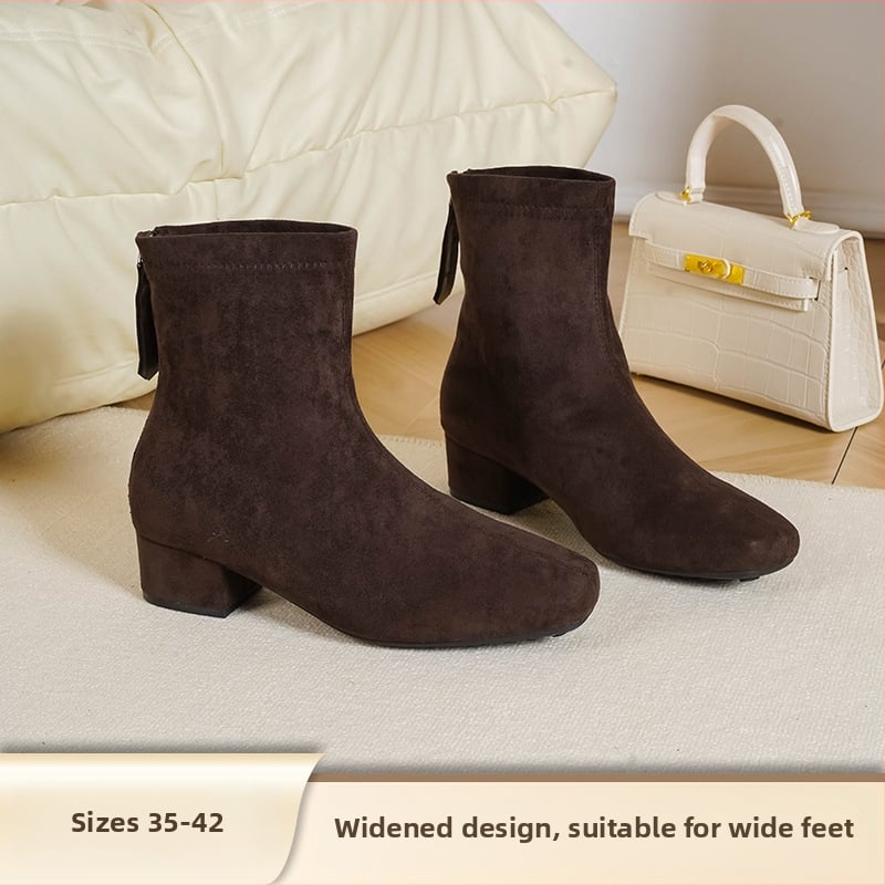 Love Milan Γυναικείες Μπότες σε Κορεατικό Στυλ με Παχύ Τακούνι, Τετράγωνη Μύτη, Πίσω Φερμουάρ, Ύψος Τακουνιού 3–5 εκ