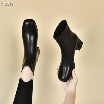 Γυναικεία μποτάκια μόδας, κορεατικού στυλ, επάνω μέρος από δέρμα βοδιού, τετράγωνη μύτη, παχύ τακούνι 3-5 εκ
