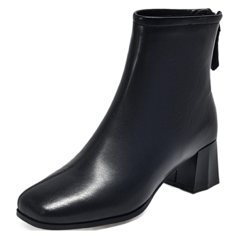 Γυναικεία μποτάκια μόδας, κορεατικού στυλ, επάνω μέρος από δέρμα βοδιού, τετράγωνη μύτη, παχύ τακούνι 3-5 εκ