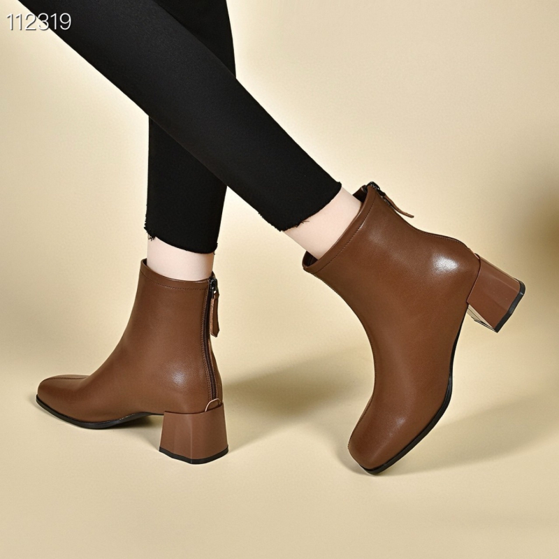 Γυναικεία μποτάκια μόδας, κορεατικού στυλ, επάνω μέρος από δέρμα βοδιού, τετράγωνη μύτη, παχύ τακούνι 3-5 εκ