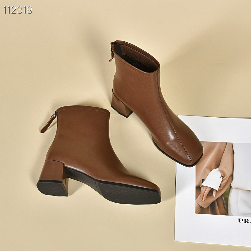 Γυναικεία μποτάκια μόδας, κορεατικού στυλ, επάνω μέρος από δέρμα βοδιού, τετράγωνη μύτη, παχύ τακούνι 3-5 εκ