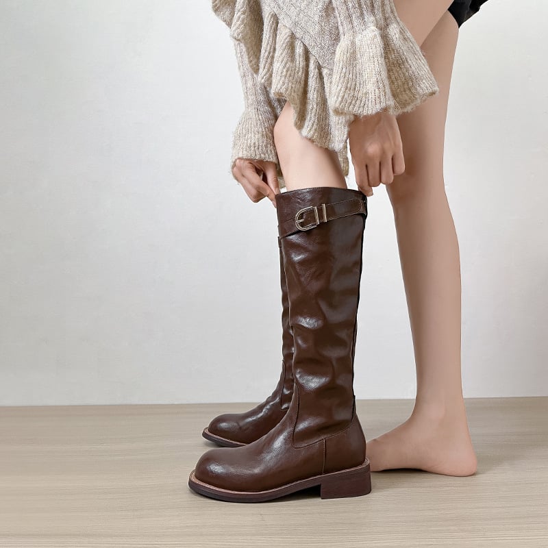 Γυναικείες ιπποτικές μπότες, ρετρό στυλ, ψηλός σωλήνας, πλαϊνό φερμουάρ, microfiber επάνω μέρος, καουτσούκ σόλα, στρογγυλή μύτη, παχύ τακούνι 3–5 εκ