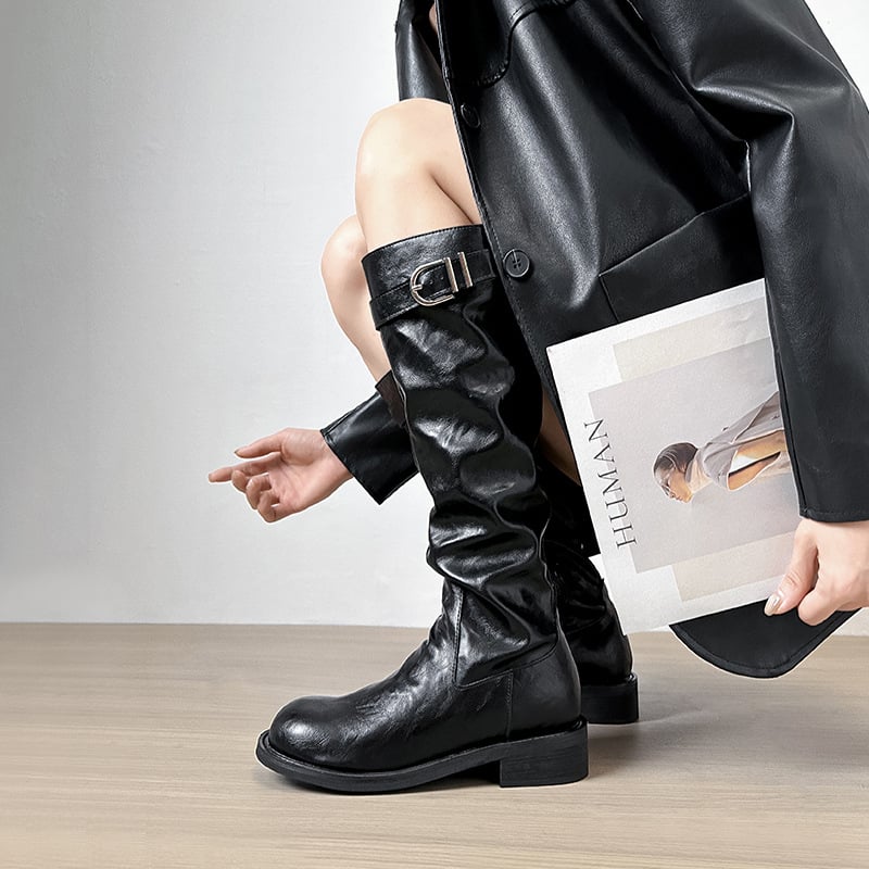 Γυναικείες ιπποτικές μπότες, ρετρό στυλ, ψηλός σωλήνας, πλαϊνό φερμουάρ, microfiber επάνω μέρος, καουτσούκ σόλα, στρογγυλή μύτη, παχύ τακούνι 3–5 εκ