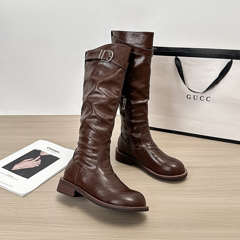 Γυναικείες ιπποτικές μπότες, ρετρό στυλ, ψηλός σωλήνας, πλαϊνό φερμουάρ, microfiber επάνω μέρος, καουτσούκ σόλα, στρογγυλή μύτη, παχύ τακούνι 3–5 εκ