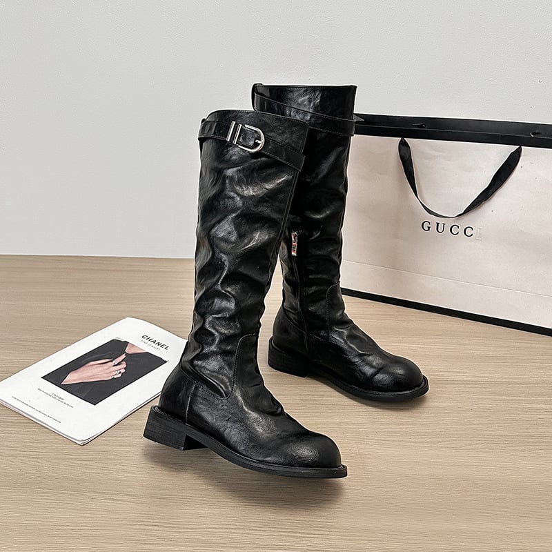 Γυναικείες ιπποτικές μπότες, ρετρό στυλ, ψηλός σωλήνας, πλαϊνό φερμουάρ, microfiber επάνω μέρος, καουτσούκ σόλα, στρογγυλή μύτη, παχύ τακούνι 3–5 εκ