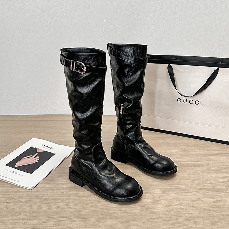 Γυναικείες ιπποτικές μπότες, ρετρό στυλ, ψηλός σωλήνας, πλαϊνό φερμουάρ, microfiber επάνω μέρος, καουτσούκ σόλα, στρογγυλή μύτη, παχύ τακούνι 3–5 εκ