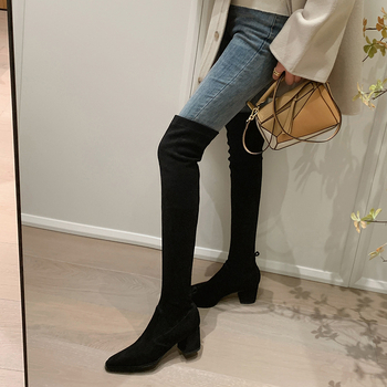 Μποτάκια πάνω από το γόνατο, βρετανικού στυλ, σουέντ πάνω μέρος, τετράγωνη μύτη, χοντρό τακούνι 6–8 cm, επένδυση συνθετικό βελούδινο