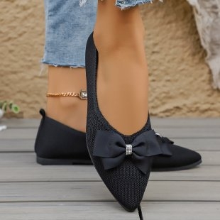 Πλατ παπούτσια με μυτερό δάχτυλο, Fly-Knit επάνω, slip-on, με φιόγκο, διαπνοή καθημερινά πλεκτά παπούτσια
