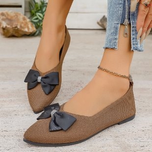 Πλατ παπούτσια με μυτερό δάχτυλο, Fly-Knit επάνω, slip-on, με φιόγκο, διαπνοή καθημερινά πλεκτά παπούτσια