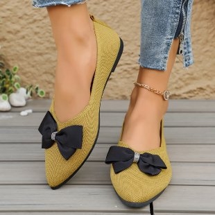 Πλατ παπούτσια με μυτερό δάχτυλο, Fly-Knit επάνω, slip-on, με φιόγκο, διαπνοή καθημερινά πλεκτά παπούτσια