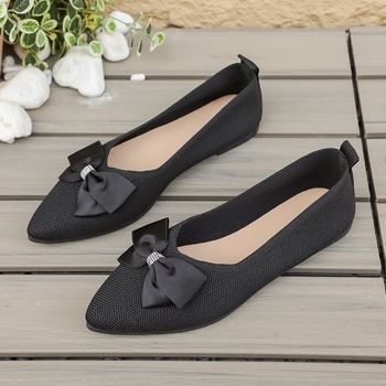 Πλατ παπούτσια με μυτερό δάχτυλο, Fly-Knit επάνω, slip-on, με φιόγκο, διαπνοή καθημερινά πλεκτά παπούτσια